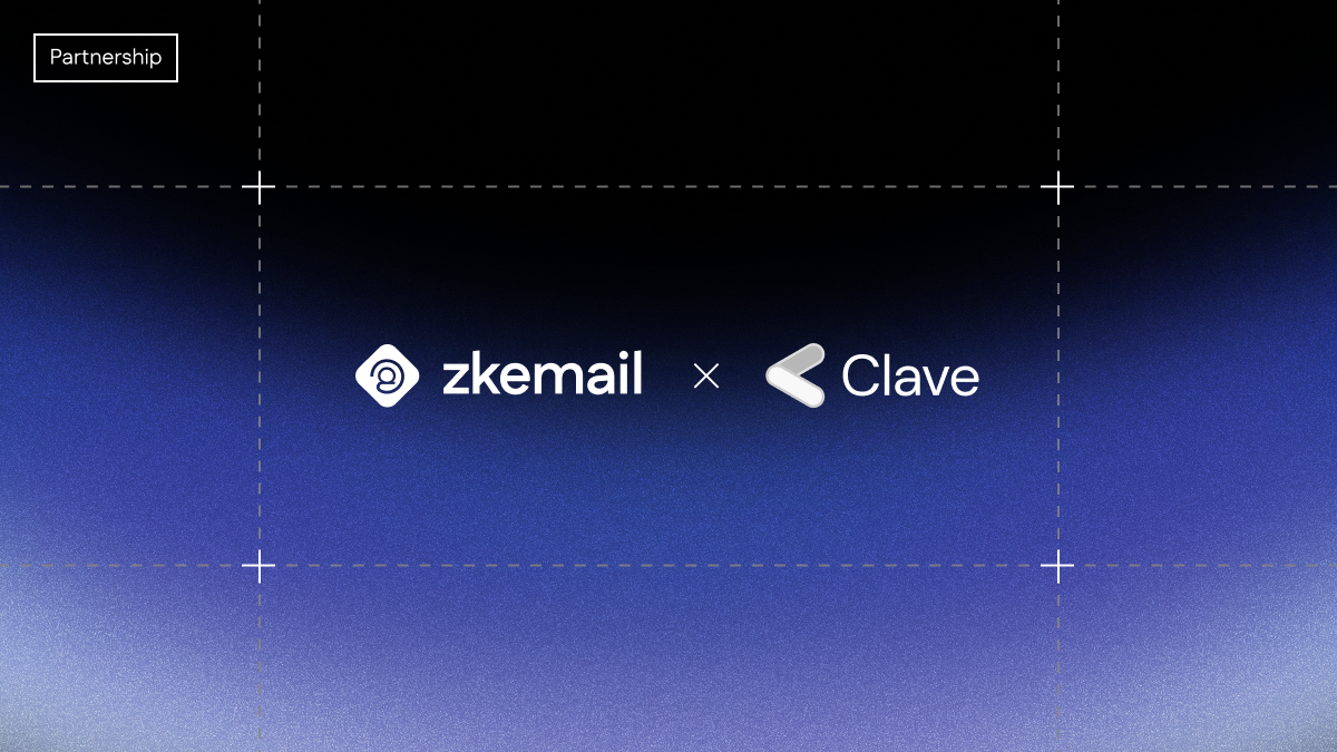 ZKEmail and Clave logos side by side with 'x' between them on a dark gradient background