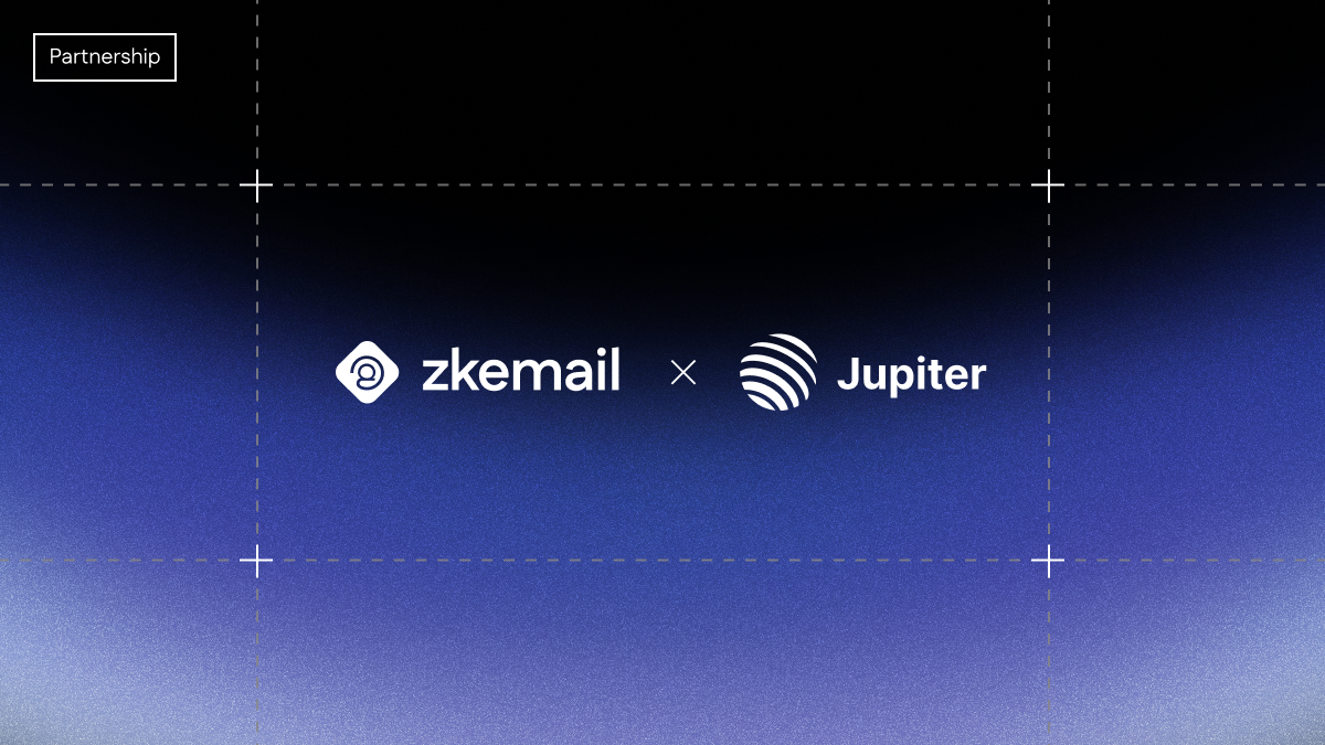 ZK Email and Jupiter logos side by side with 'x' between them on a dark blue gradient background