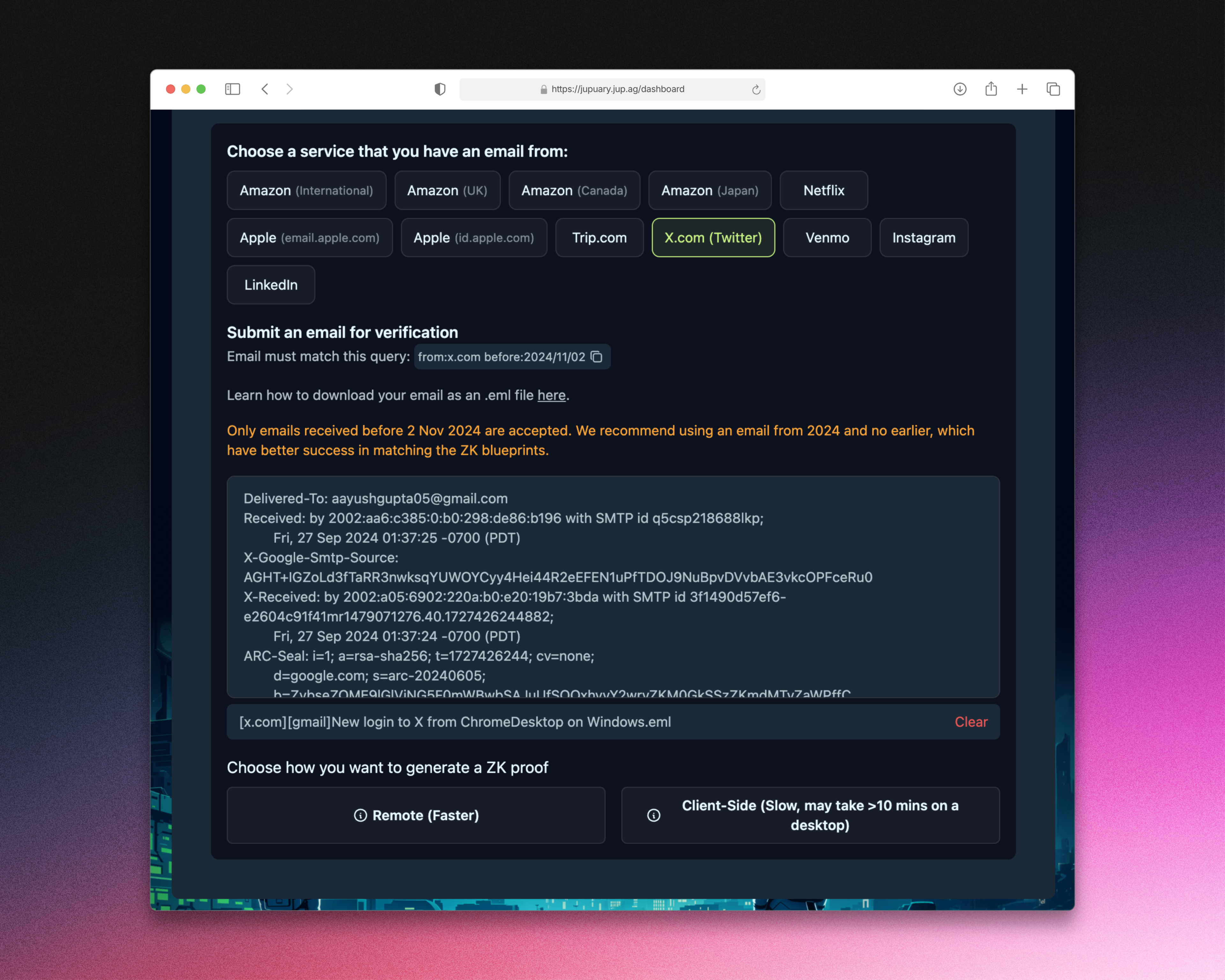 Example of Jupuary Appeal UI where the user can submit an email from a service like Amazon, Uber, Twitter, Venmo, etc